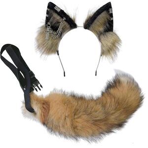 7387 Wolf Ears Tail Set Fox Wolf Headbands Clips Fluffy Cosplay
